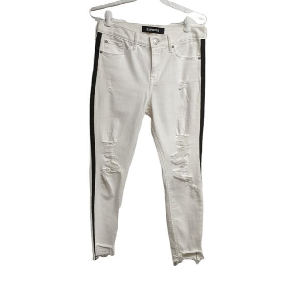 Express Jeans Women 2 Stretch Cropped Legging Mid-Rise Distressed White Denim - Picture 2 of 10